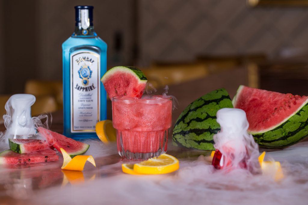 cocktail photograph with bombay sapphire gin, watermelon and dry ice.