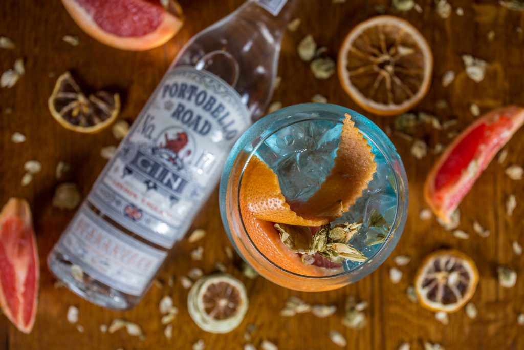 cocktail image with portobello gin and dehydrated orange